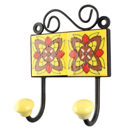 Yellow With Brown Floral Ceramic Tiles Hook